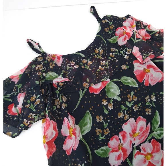 Cabi 5220 Cold Shoulder Navy Fairy Tale Floral Ruffled Lined Blouse Style M - Picture 3 of 8